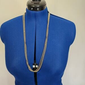 Vintage Gold-Tone Triple Strand Beaded Tassel Necklace – Long Layering Statement